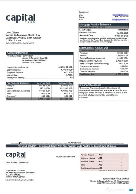 Download Jordan Capital Bank of Jordan mortgage statement Word and PDF template Photoshop template